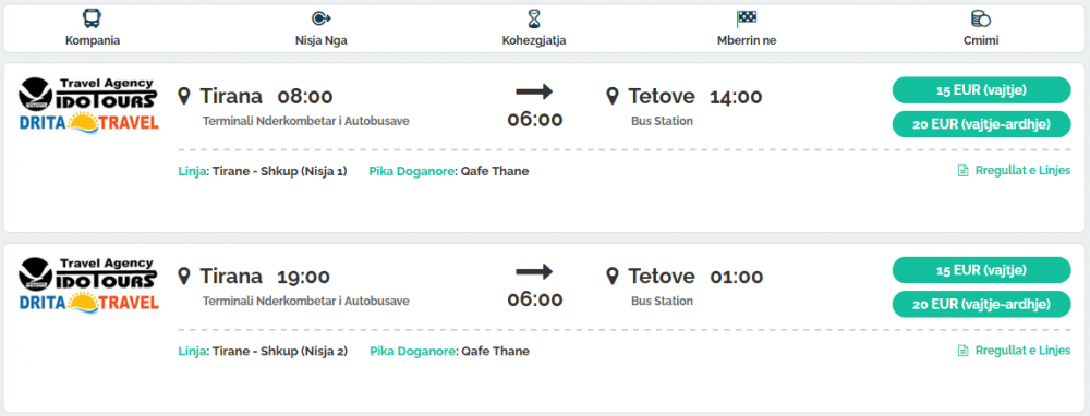Bileta autobusi Tirane - Shkup, Tetove, Gostivar, Kercove